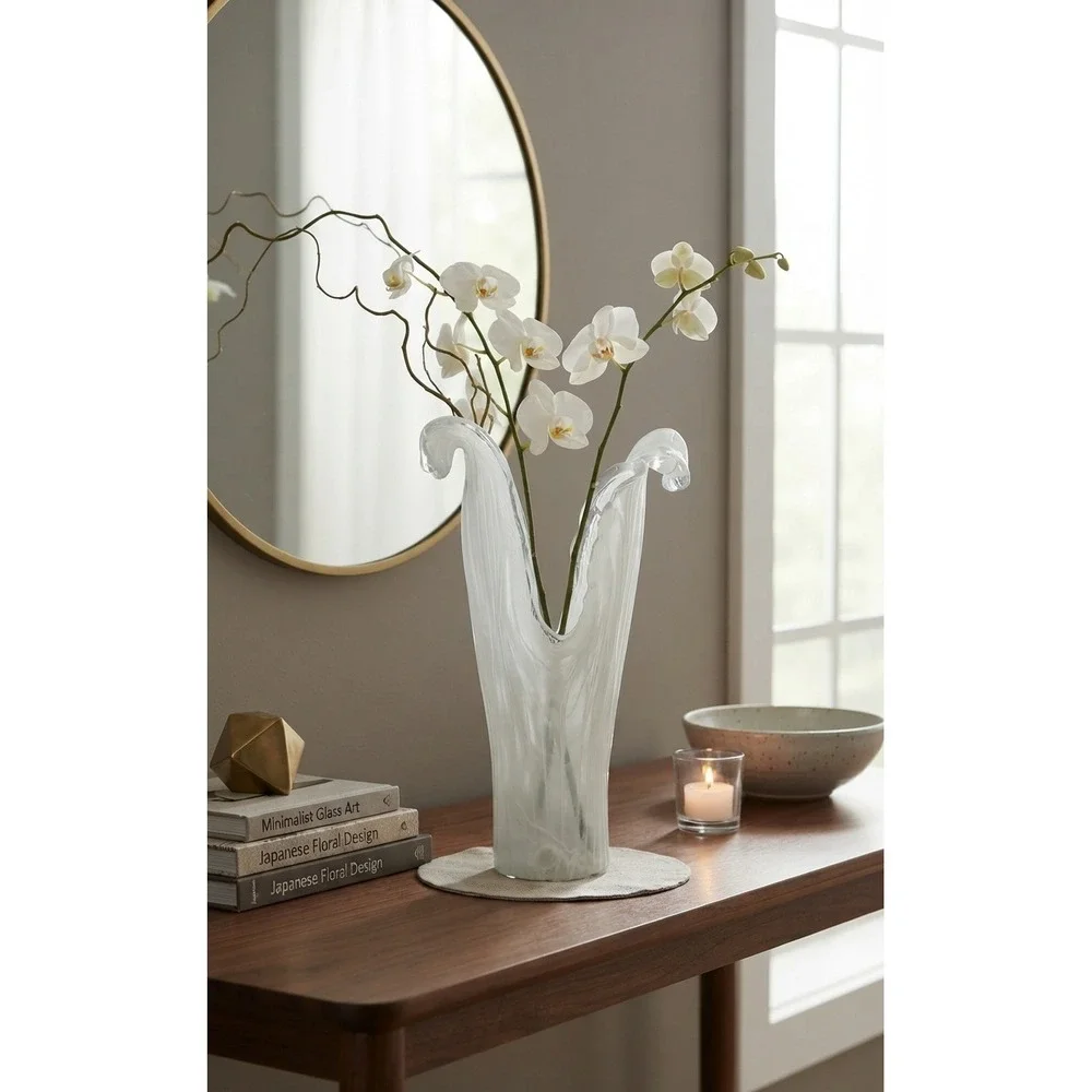 Vintage White Opalescent Hand Blown Glass Pulled Feather Art Vase 10.5